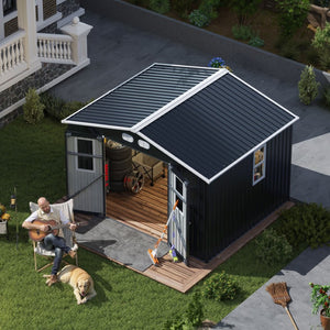English Elm Outdoor Metal Storage Shed 8x10 with Four Windows Lockable Doors Waterproof Steel W1598S00038