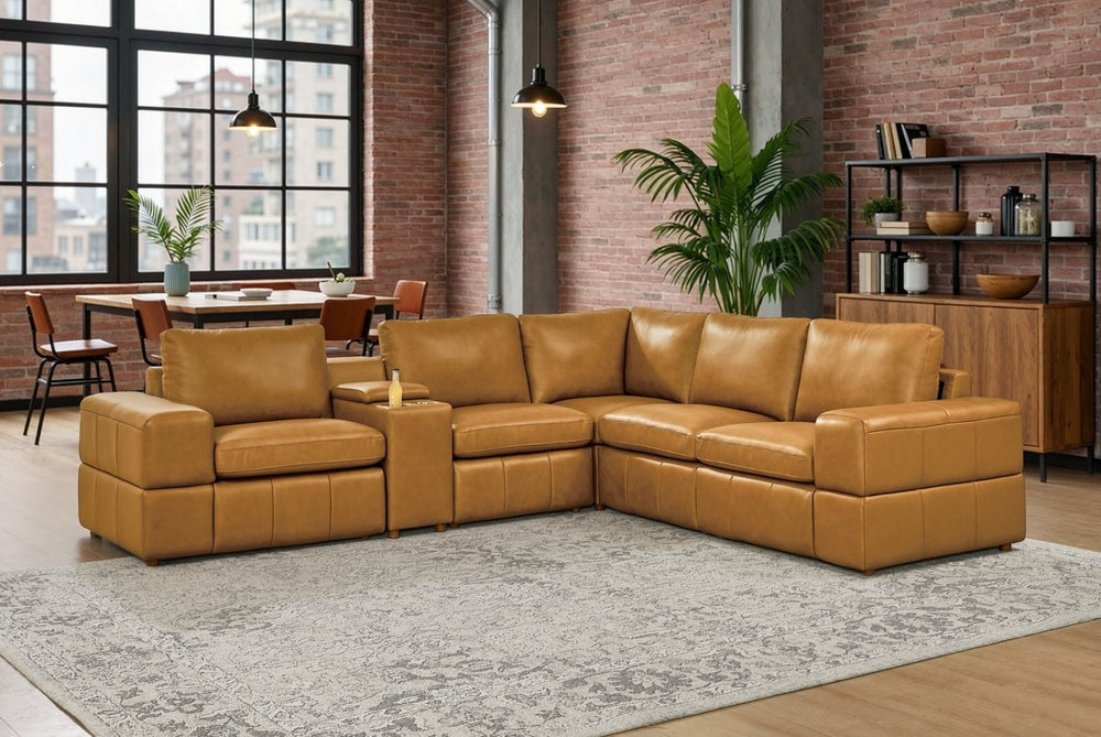 English Elm Premium Leather Match Sectional with Dual Recliners Cup Holders and Storage Console Ginger B2748S00135