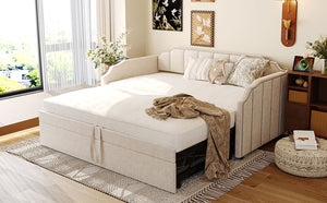English Elm Twin Linen Upholstered Daybed with Pop up Trundle and Built in Usb Charging Beige SF000199AAA