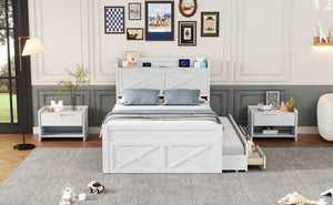 English Elm Full Full Size Wooden Bed with Storage Headboard, Built-In Outlets, Trundle & 3 Drawers for Space-Saving Bedrooms White 80.51 L x 17.12 W x 4.57 H N733S172712K
