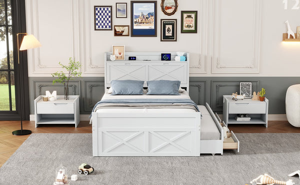 English Elm Full Full Size Wooden Bed with Storage Headboard, Built-In Outlets, Trundle & 3 Drawers for Space-Saving Bedrooms White 80.51 L x 17.12 W x 4.57 H N733S172712K