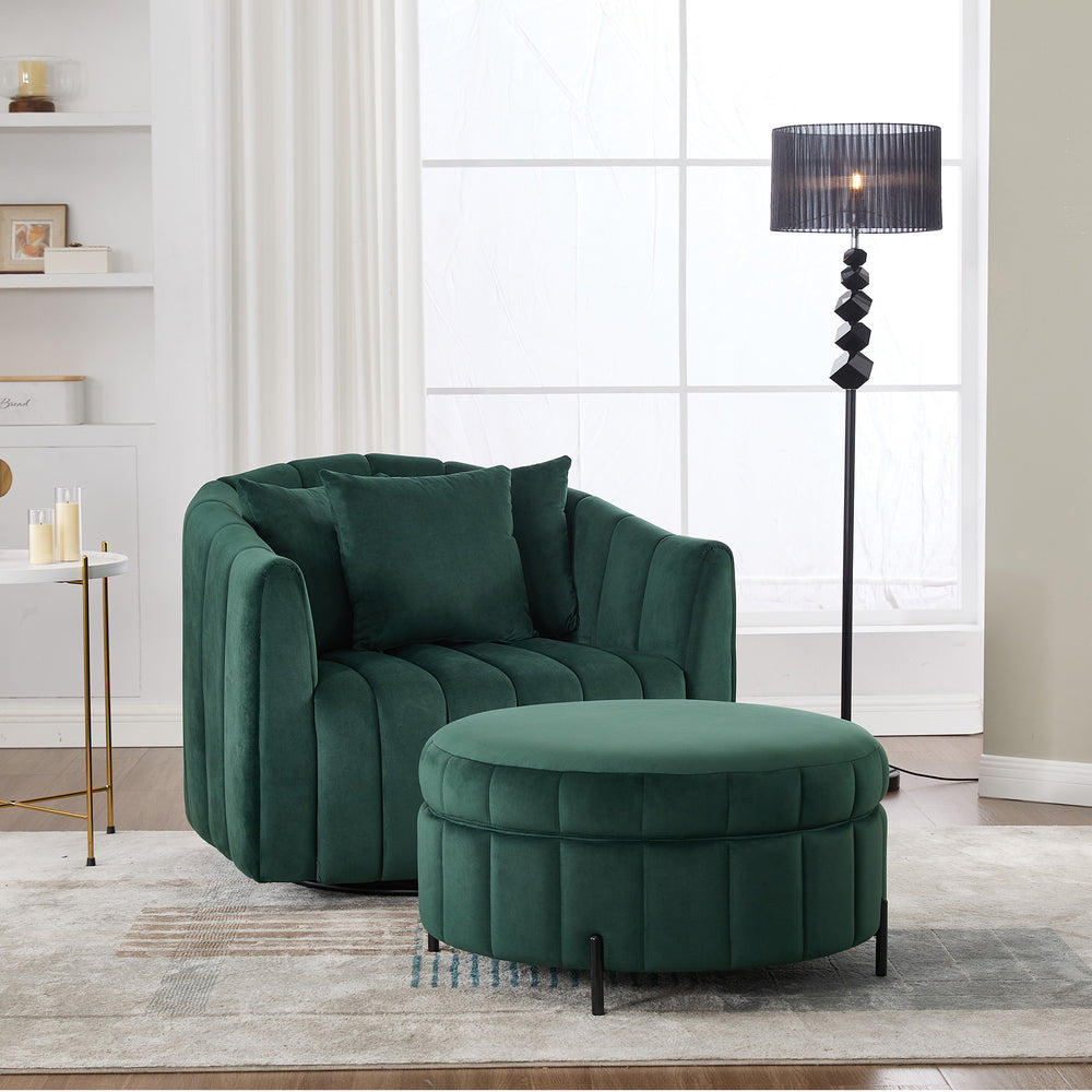 English Elm 40.35"W Stylish Green Velvet 360° Swivel Accent Barrel Chair & Storage Ottoman With 3 Pillows W3118S00010