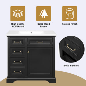 English Elm 36-Inch Modern Bathroom Vanity with Ceramic Basin, 4 Drawers & Soft-Close Door, Pre-Drilled Faucet Ready, Durable MDF and Solid Wood Construction (36"L x 18.3"W x 33.4"H) Black N725P296118B