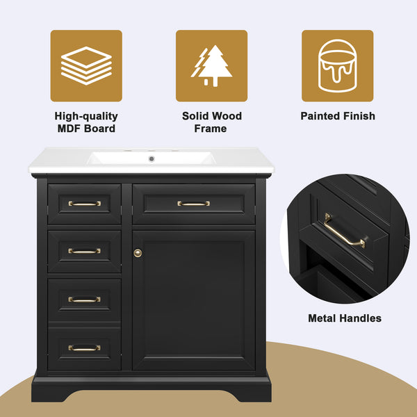 English Elm 36-Inch Modern Bathroom Vanity with Ceramic Basin, 4 Drawers & Soft-Close Door, Pre-Drilled Faucet Ready, Durable MDF and Solid Wood Construction (36"L x 18.3"W x 33.4"H) Black N725P296118B