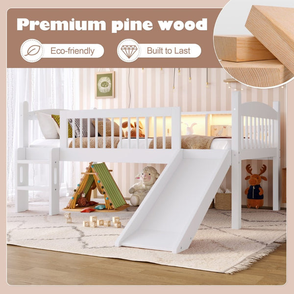 English Elm Twin Low Loft Bed Solid Pine Frame with Built-in Led Lighting and Storage Shelves Light White W1580P395928