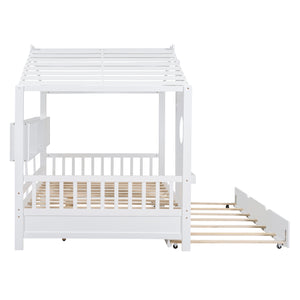 English Elm Wooden Full Size House Bed with Trundle and Built-In Shelves — Modern Pine Frame, Whimsical Roof Design White 57.2 L x 16.25 W x 5.9 H N733S316125K