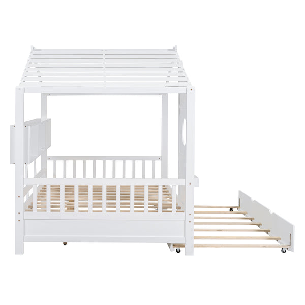 English Elm Wooden Full Size House Bed with Trundle and Built-In Shelves — Modern Pine Frame, Whimsical Roof Design White 57.2 L x 16.25 W x 5.9 H N733S316125K