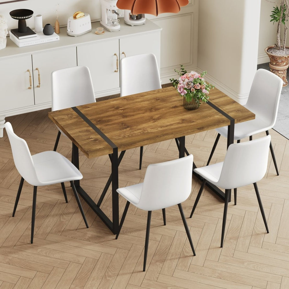 English Elm Table Set With Vintage Wood Top & White Faux Leather Chairs - Modern Dining Solution For Any Space W1151S01484-GIGA