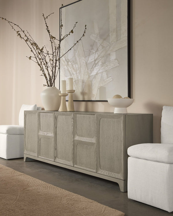Sunpan RHAENYRA Sideboard - Elegant Sand Beige Oak Veneer with Unique Texture & Timeless Architectural Charm 110831