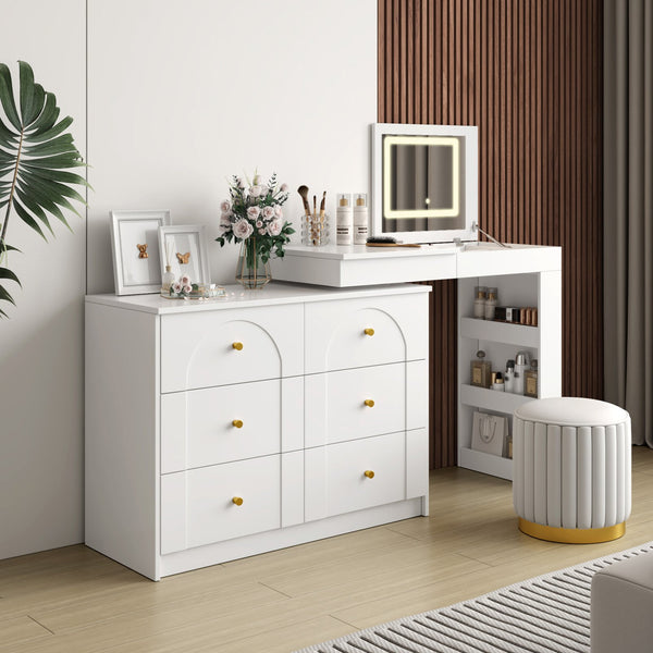 English Elm Vanity LED Mirror Desk with Flip-Top Dual Function, 7 Drawers & Multiple Shelves for Organized Glam White 32.28 L x 19.69 W x 8.86 H N733S363650K