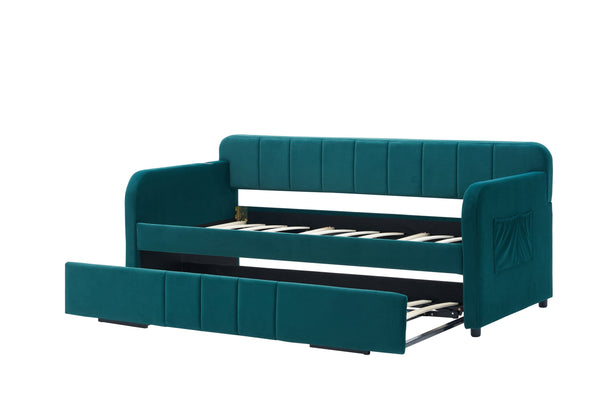 English Elm Twin Upholstered Daybed with Trundle Sofa Bed for Guest Room, Pine Wood Frame, Velvet Upholstery, Sturdy Slat Support and Full-Length Comfort Emerald W1361S00024