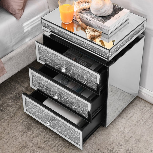 English Elm Mirrored Three Drawer Nightstand with Crystal Diamond Inlay Glam Bedside Storage W1005P248529