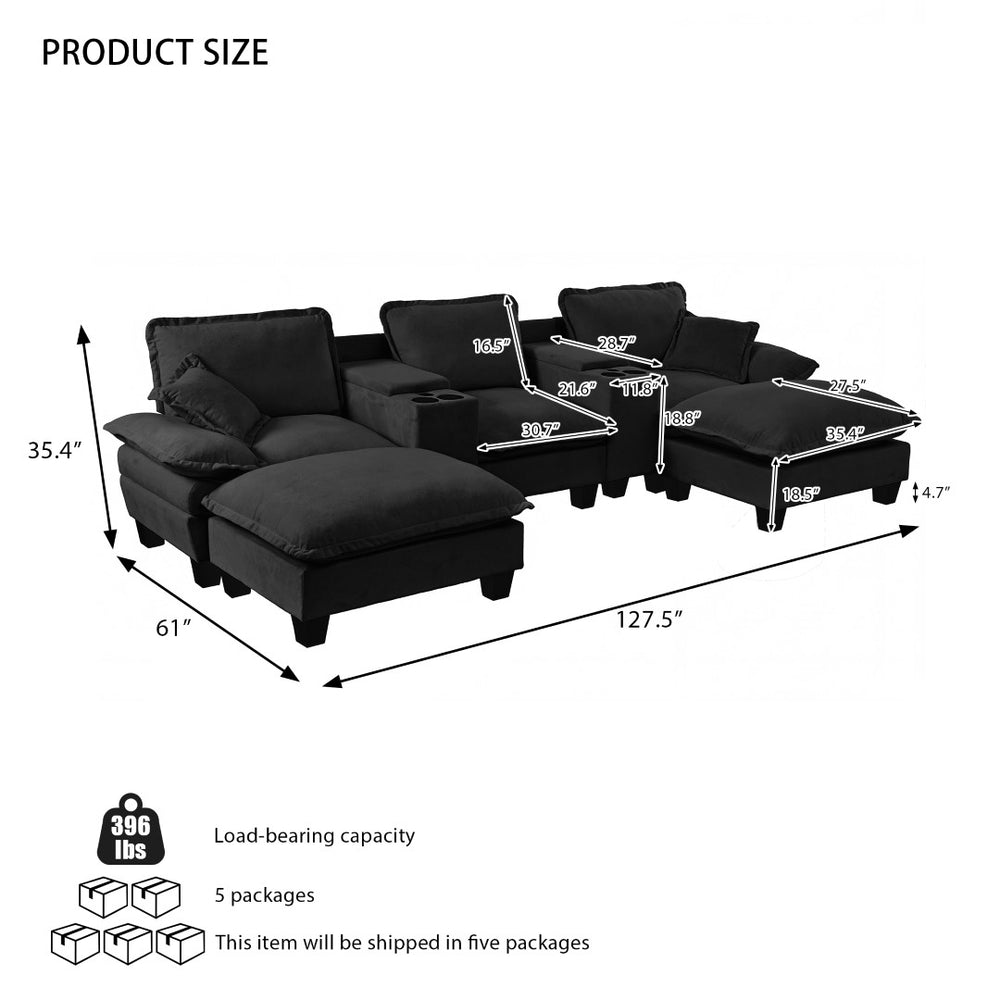 English Elm Modular Cloud Sectional U-shape Chenille Sofa with Storage Ottoman and Usb Charging Black W3163S00129