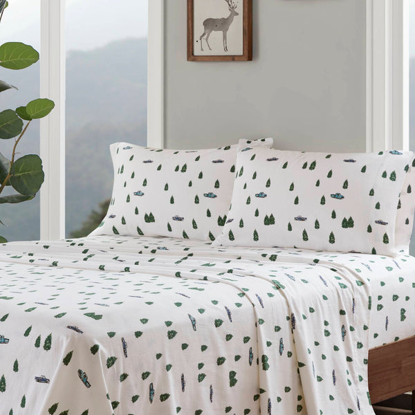 English Elm 4 Pcs King Sheet Set - Cozy Cotton Flannel With Green Trees & Trucks Design For Rustic Charm B035P319769