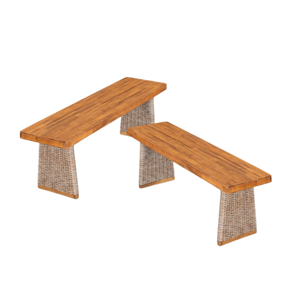 English Elm Christopher Knight Home® - Outdoor Acacia Wood Bench Set Of 2 - Stylish Teak Finish With Brown Wicker Accents For Comfort N773P286715B