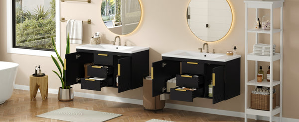 English Elm 72'' Wall Mounted Bathroom Vanity with 4 Drawers & Double Cabinets, Waterproof MDF, Smooth Slide Rails Black N710SS00009B