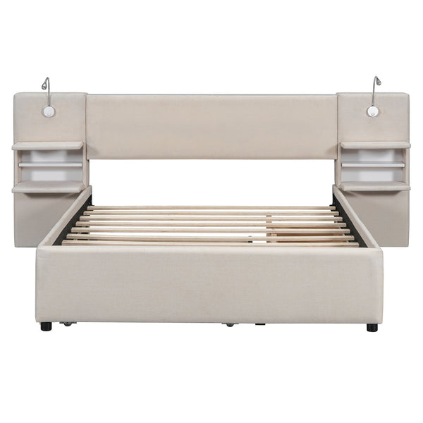 English Elm Queen Linen Upholstered Platform Bed with Storage Drawers, Trundle, Flip-Up Headboard & Lights Beige SF000187AAA