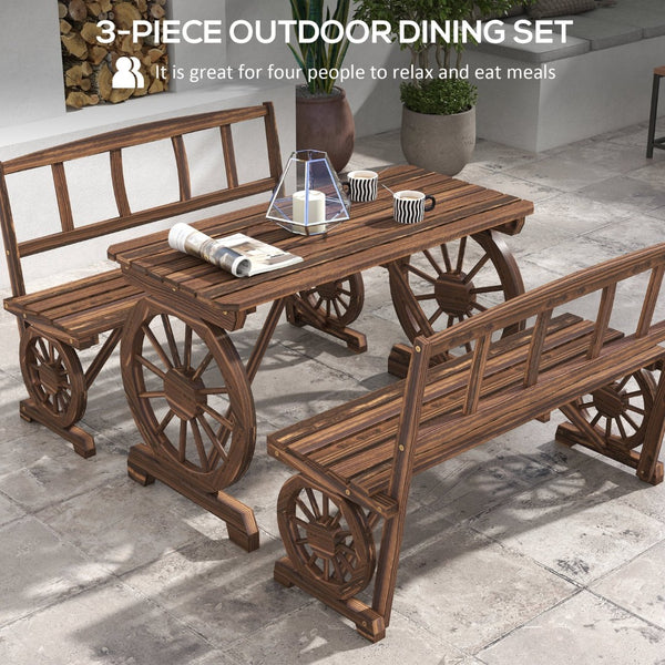English Elm Outsunny Rustic Pine Outdoor Dining Set Seats 4 with Wagon Wheel Carved Benches W2225P174471