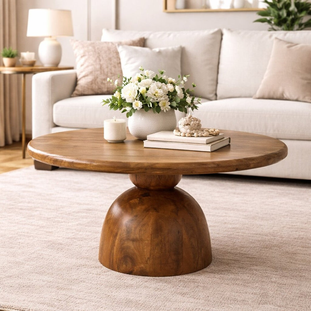 English Elm Solid Wood Handcrafted Pedestal Coffee Table Carved Artisan Base for Living Room B182P490925