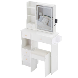 English Elm 29.2" Compact Left Drawer Vanity Table With Cushioned Stool, Led Mirror, Usb Ports & Hair Dryer Holder W3258P299616