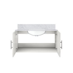 English Elm Glossy White Bath Vanity With Carrara Marble Top, Soft-Close Drawers & Easy Faucet Installation B2731P258628