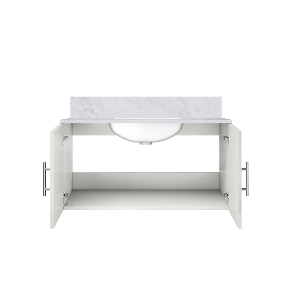English Elm Glossy White Bath Vanity With Carrara Marble Top, Soft-Close Drawers & Easy Faucet Installation B2731P258628