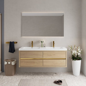 English Elm 60" Floating Bathroom Vanity Stone Resin Double Sink Soft Close Cabinet Spa Modern Oak Natural Wood + Antique White W1573P211187