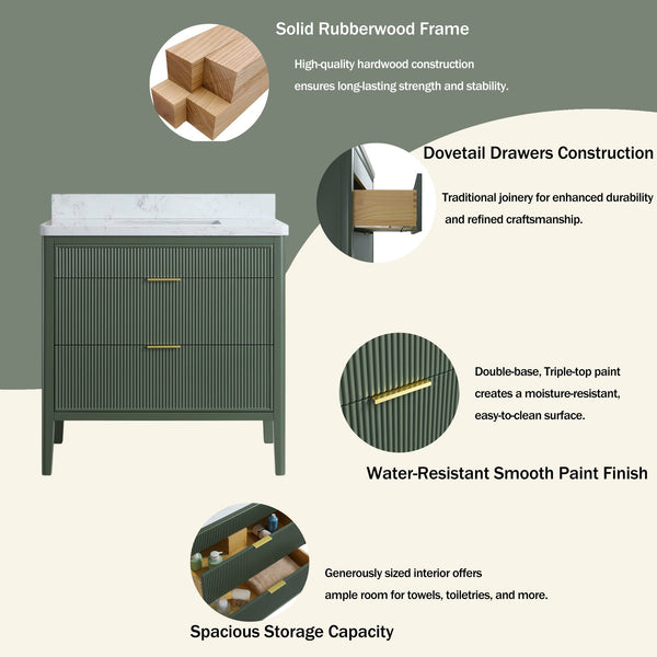 English Elm Fully Assembled 36" Green Bathroom Vanity With Solid Wood, Carrara Marble Top & Soft-Close Features W1826P308980