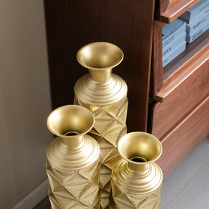 English Elm Metal Antique Gold Decorative Vase Set Of 3 - Modern Geometric Design With 3D Triangle Pattern W2796P193603