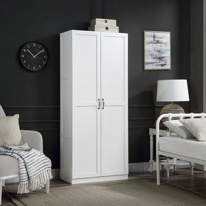 English Elm Hopkins 30" Storage Cabinet White – 7-Shelf Tall MDF Wardrobe with Soft-Close Doors & Black Pulls B365P397858
