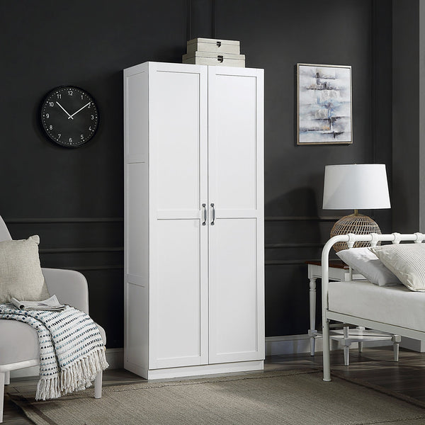 English Elm Hopkins 30" Storage Cabinet White – 7-Shelf Tall MDF Wardrobe with Soft-Close Doors & Black Pulls B365P397858