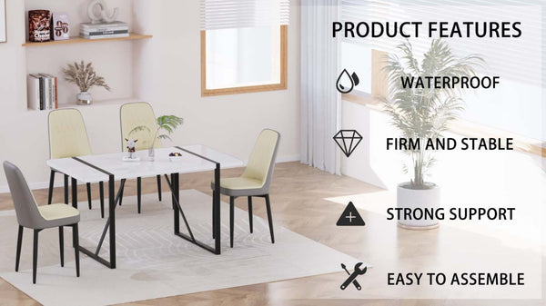 English Elm 55 Inch Industrial Dining Set White Mdf Table Matte Black Legs Four Padded Pu Chairs Beige+Grey,White W2189S00852