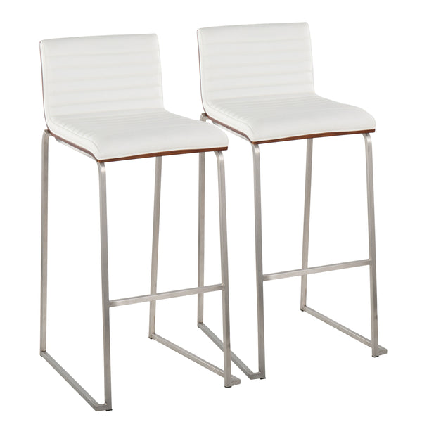English Elm Mason Mara 30" Contemporary Barstool Set Of 2 - Walnut Wood, White Faux Leather & Stainless Steel Elegance B202P222253