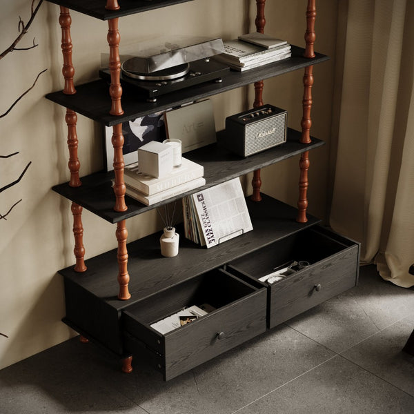 English Elm Bookcase Five Tier Matte Black Solid Wood Veneer Shelving Unit with Base Drawers W2263P434053