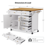 English Elm K&K 52'' Kitchen Island With Drop Leaf, Embossed Texture Kitchen Island On Wheels With Spice Rack, Towel Rack, 2 Doors and 5 Drawers, Kitchen Storage Cart With Adjustable Shelf For Kitchen, White