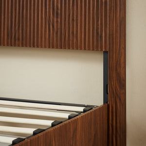 English Elm King Platform Storage Bed Walnut Hydraulic Lift Corrugated Wood Headboard Frame W1820S00060