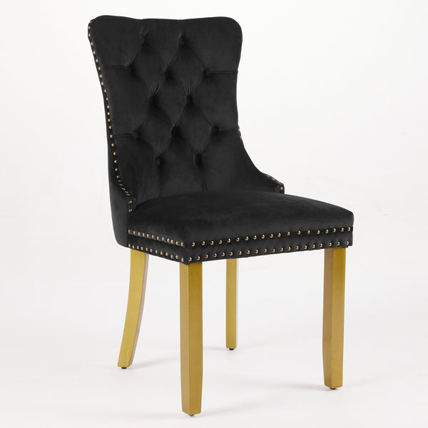 English Elm Mid-Century Tufted Velvet Dining Chair with Lion Head Ring, Nailhead Trim, Solid Wood Legs Black W1143P193168