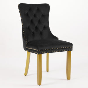 English Elm Mid-Century Velvet Dining Chair with Lion Head Pull Ring, Tufted Solid Wood Seat, Gold Legs Black W1143P193168