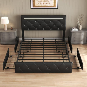 English Elm Full Size Pu Leather Storage Bed with Rgb Led Headboard and Charging Station Black W5722P462440
