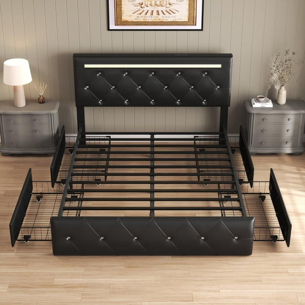 English Elm Full Size Pu Leather Storage Bed with Rgb Led Headboard and Charging Station Black W5722P462440