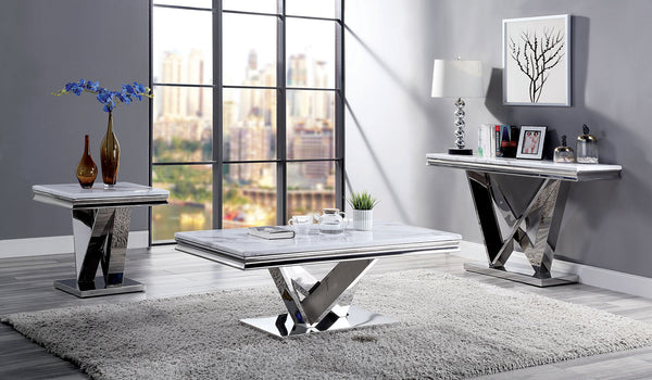 English Elm 1pc End Table Luxe Faux Marble Top with Beveled Edge, Interlocking Pedestal Base, Sleek Metal Finish, 23" Height, Elegant Accent Piece Chrome 28 L x 27 W x 3 H B2741S00434