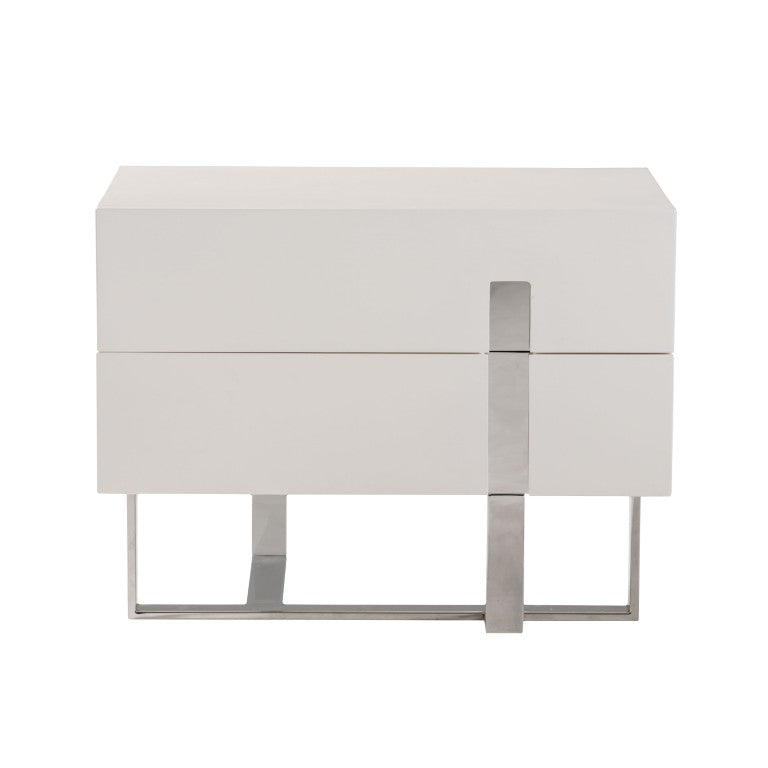VIG Furniture Voco Modern White Nightstand With Sliding Door, Chrome Base & Spacious Drawer For Bedroom Storage VGCN1302H-P01