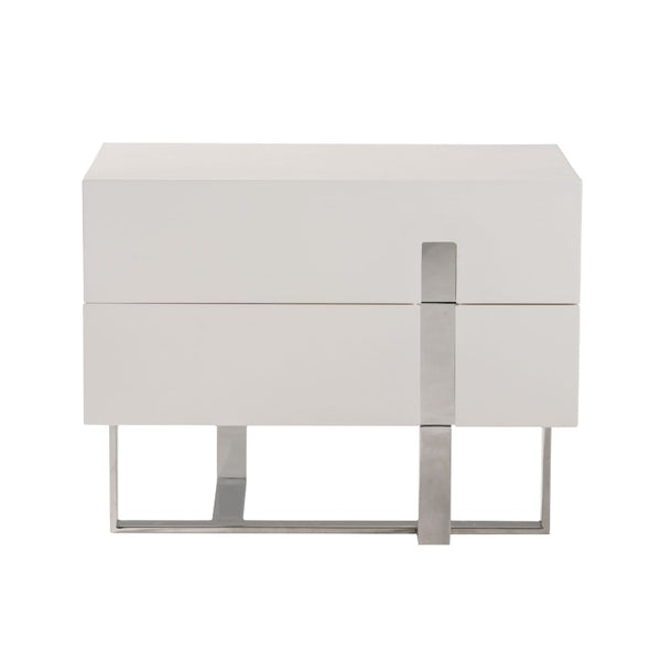 VIG Furniture Voco Modern White Nightstand With Sliding Door, Chrome Base & Spacious Drawer For Bedroom Storage VGCN1302H-P01