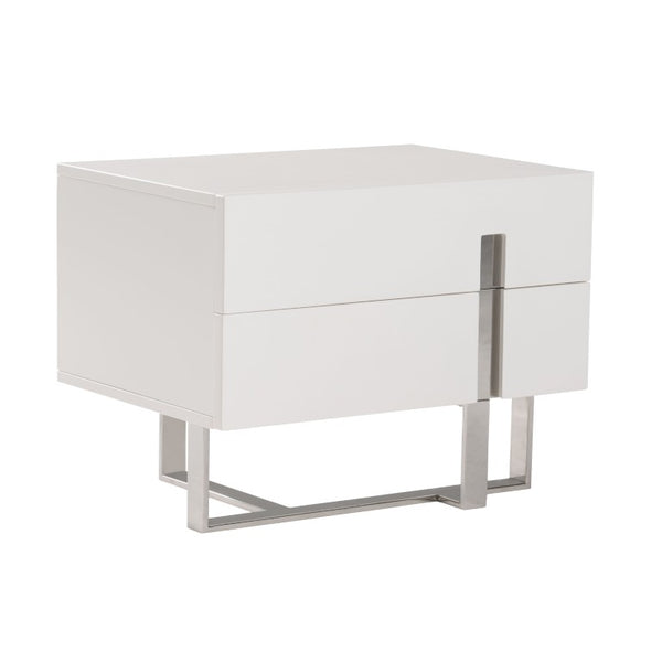 VIG Furniture Voco Modern White Nightstand With Sliding Door, Chrome Base & Spacious Drawer For Bedroom Storage VGCN1302H-P01