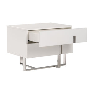 VIG Furniture Voco Modern White Nightstand With Sliding Door, Chrome Base & Spacious Drawer For Bedroom Storage VGCN1302H-P01