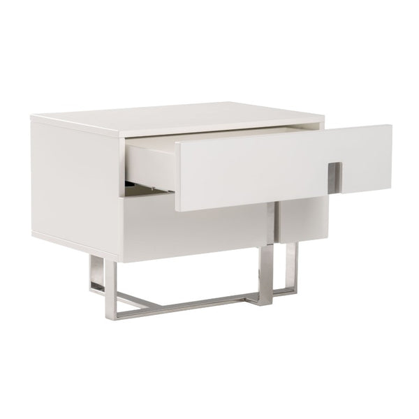 VIG Furniture Voco Modern White Nightstand With Sliding Door, Chrome Base & Spacious Drawer For Bedroom Storage VGCN1302H-P01