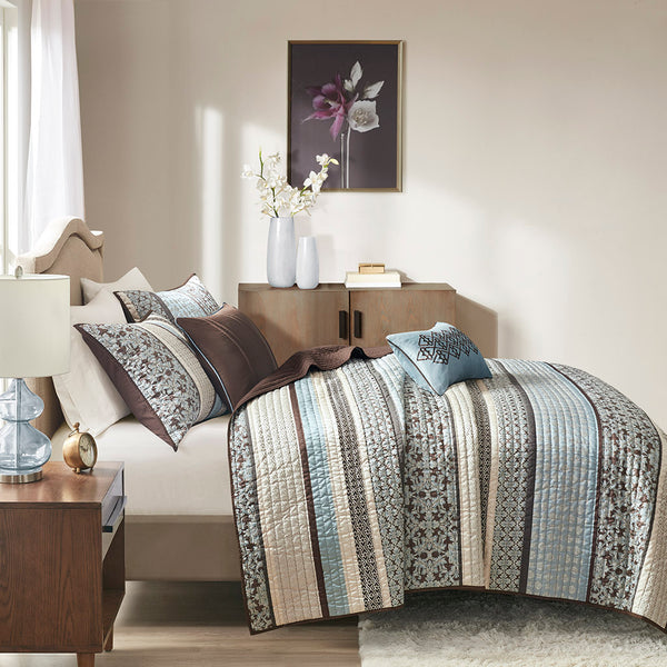 JLA Home Madison Park - 5 Piece Reversible Jacquard Quilt Set with Chocolate Brown Leaf, Stripe & Medallion Motifs, Luxury Texture Blue MP13-613