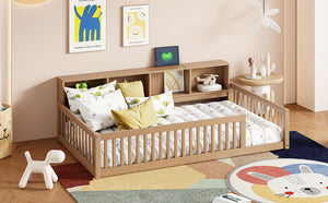 English Elm Wood Twin XL Floor Bed with Built-In Storage Cabinets, USB Charging Ports, Space-Saving Design Brown N709P205811D