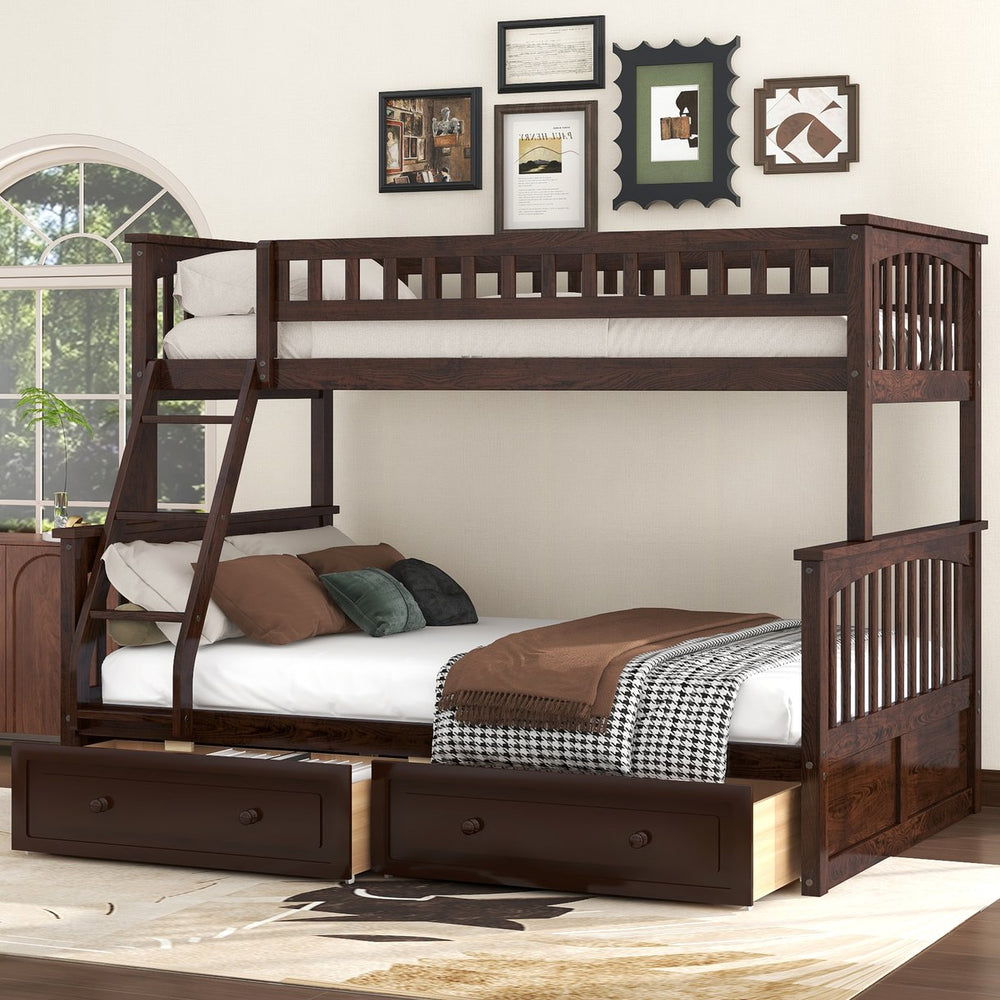 English Elm Twin Convertible Bunk Bed with Built-In Rolling Drawers and Solid Pine/MDF Frame, Space-Saving Durable Design Espresso N7090004020P