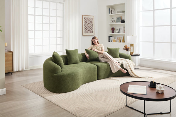 English Elm Curved Boneless Sofa modular 110" sectional with high-density foam & spring core, kid‑friendly curves, no assembly required for easy moving and cozy lounging Green W2231S00006